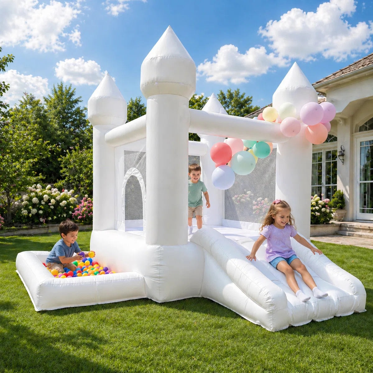 9' x 9' White Inflatable Castle Bounce House Slide with Blower Indoor or Outdoor