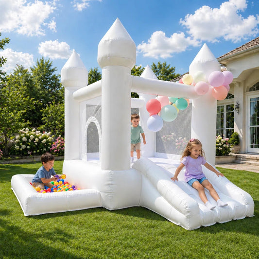9' x 9' White Inflatable Castle Bounce House Slide with Blower Indoor or Outdoor