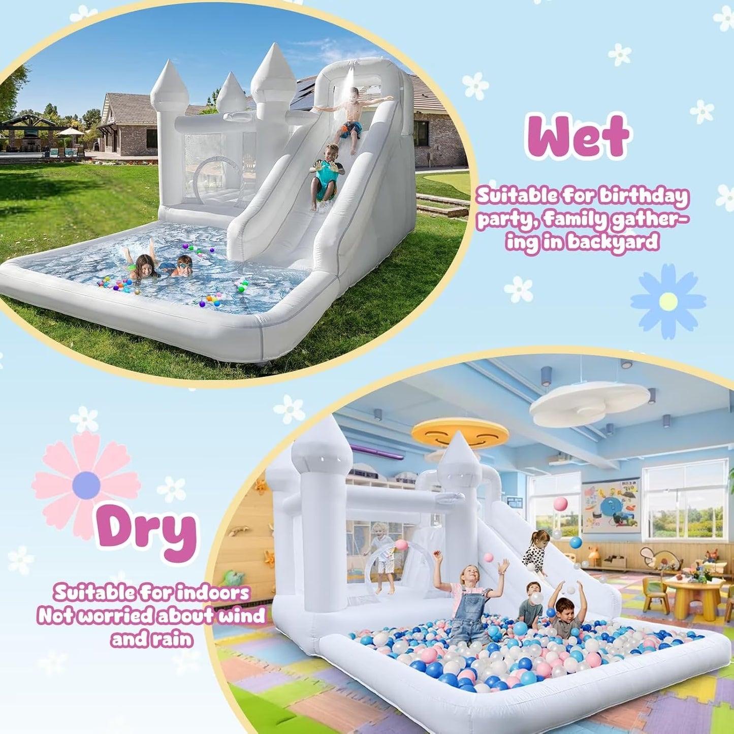 14ft Inflatable Water Slide & Bounce House with Ball Pit and Blower, White Oxford
