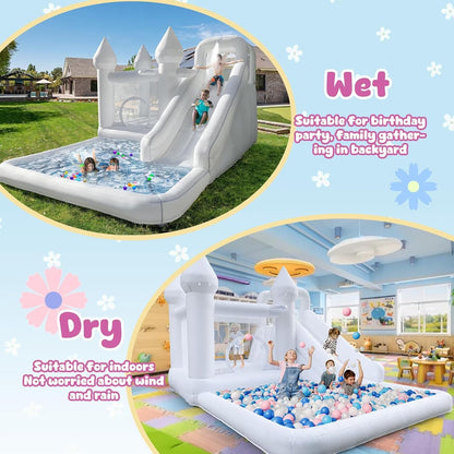 14ft Inflatable Water Slide & Bounce House with Ball Pit and Blower, White Oxford