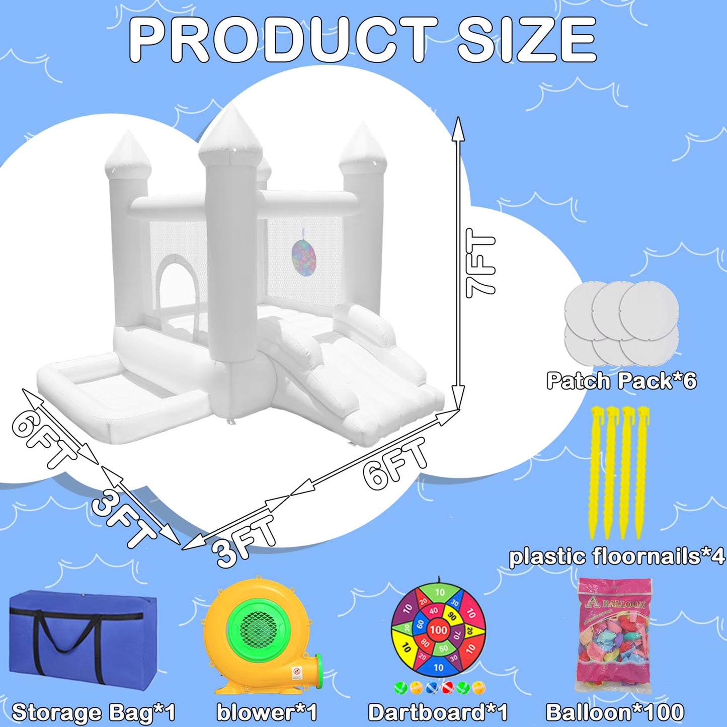 9' x 9' White Inflatable Castle Bounce House Slide with Blower Indoor or Outdoor