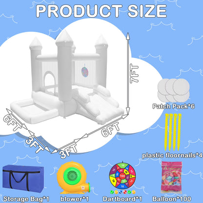 9' x 9' White Inflatable Castle Bounce House Slide with Blower Indoor or Outdoor