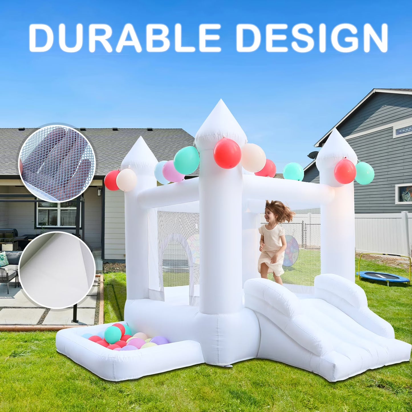 9' x 9' White Inflatable Castle Bounce House Slide with Blower Indoor or Outdoor