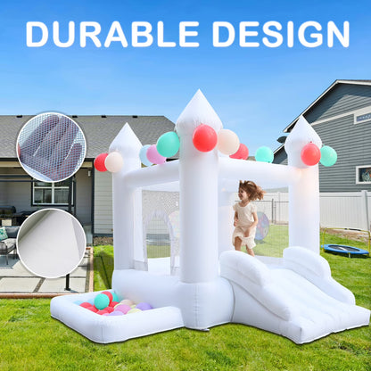 9' x 9' White Inflatable Castle Bounce House Slide with Blower Indoor or Outdoor