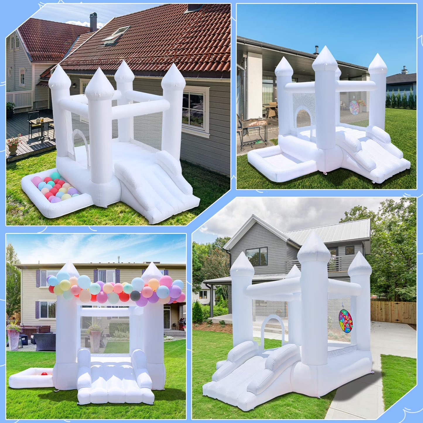 9' x 9' White Inflatable Castle Bounce House Slide with Blower Indoor or Outdoor