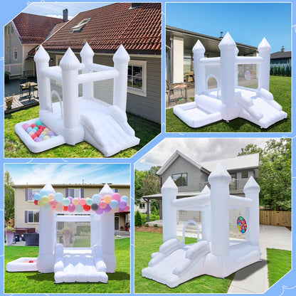 9' x 9' White Inflatable Castle Bounce House Slide with Blower Indoor or Outdoor