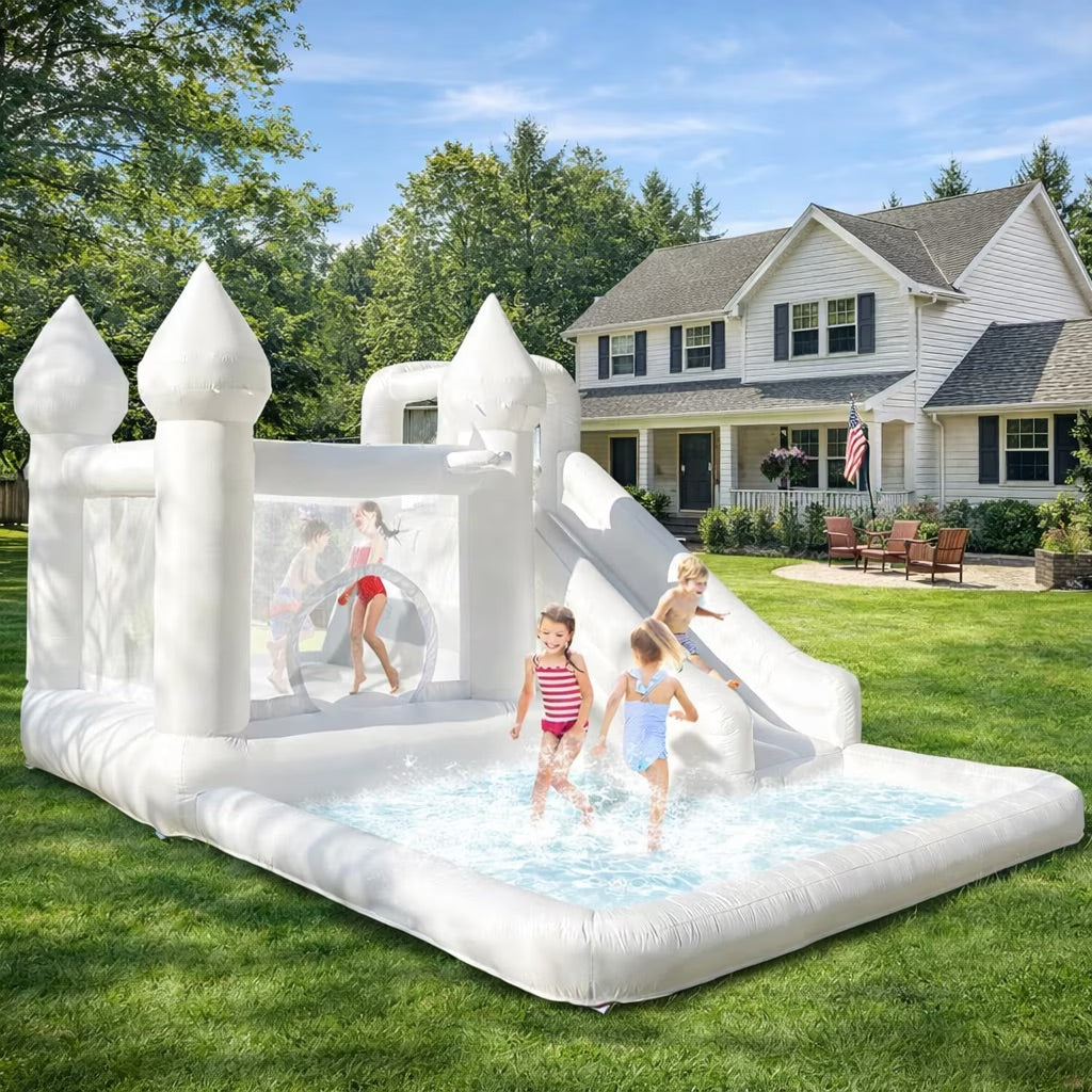 14ft Inflatable Water Slide & Bounce House with Ball Pit and Blower, White Oxford