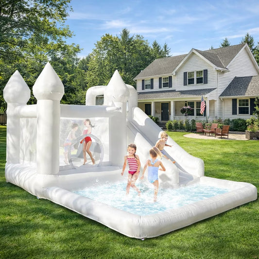 14ft Inflatable Water Slide & Bounce House with Ball Pit and Blower, White Oxford