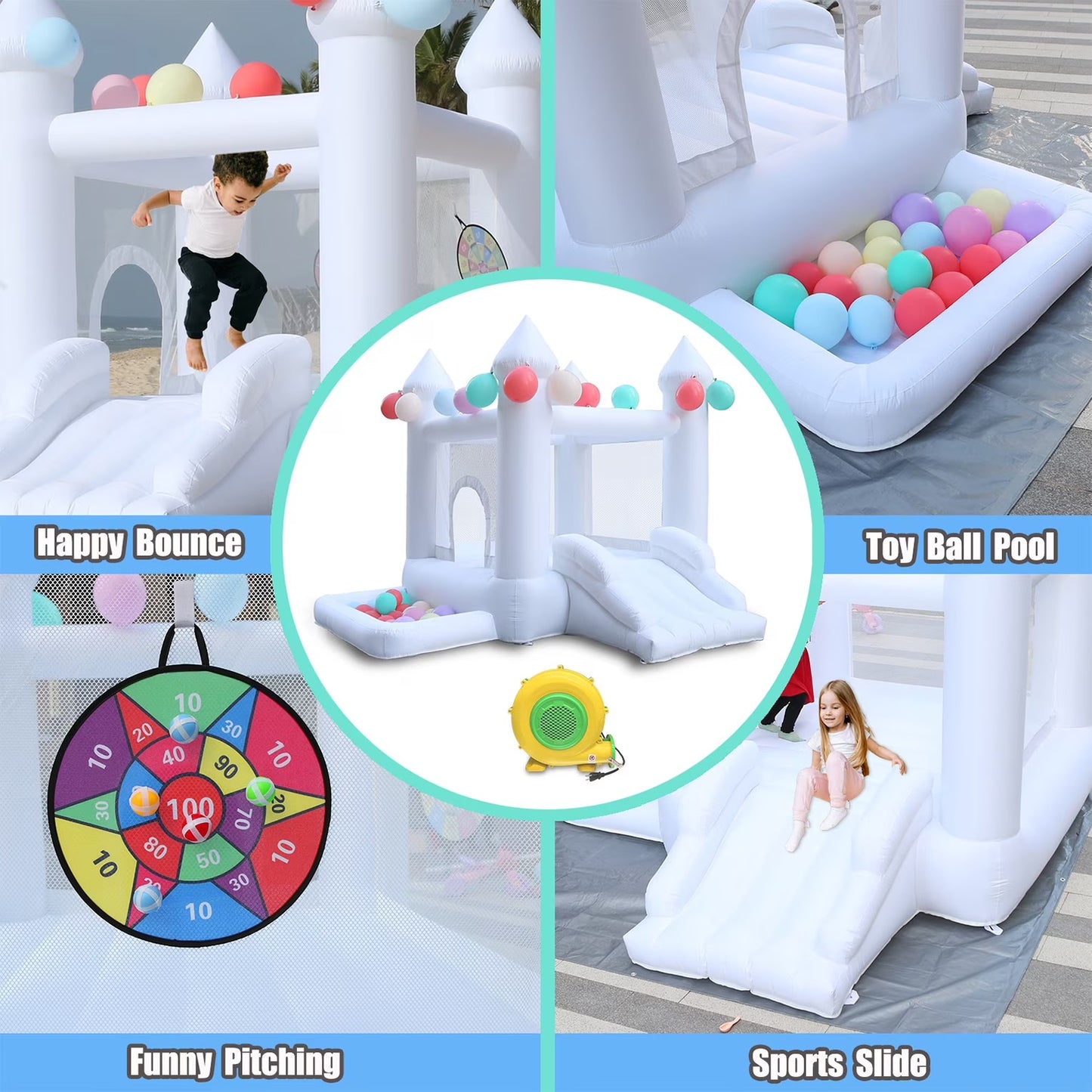 9' x 9' White Inflatable Castle Bounce House Slide with Blower Indoor or Outdoor