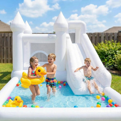 14ft Inflatable Water Slide & Bounce House with Ball Pit and Blower, White Oxford