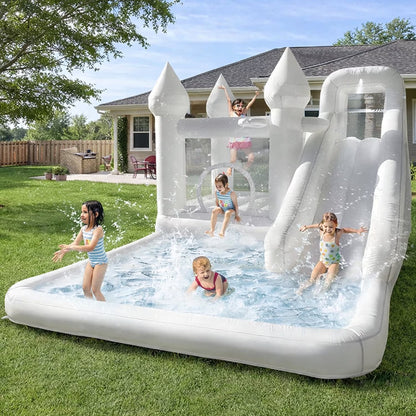 14ft Inflatable Water Slide & Bounce House with Ball Pit and Blower, White Oxford
