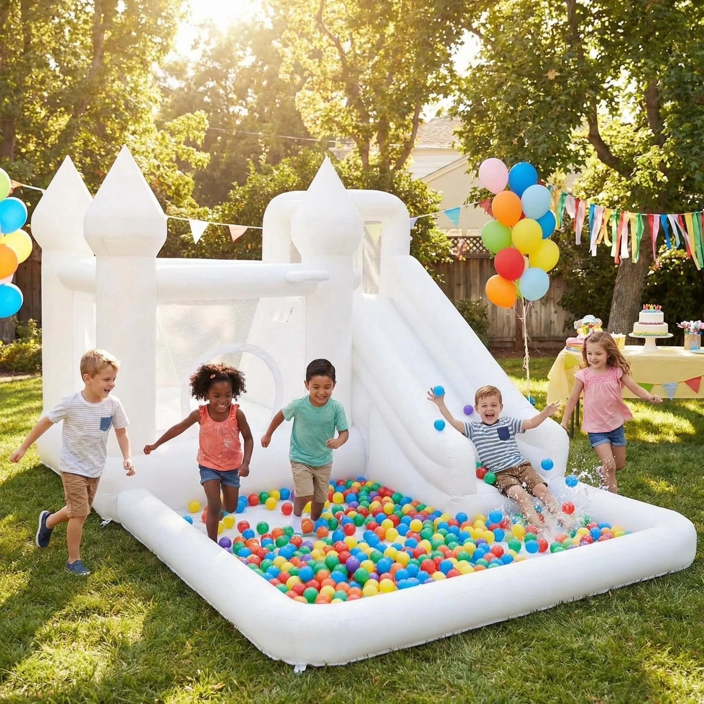 14ft Inflatable Water Slide & Bounce House with Ball Pit and Blower, White Oxford