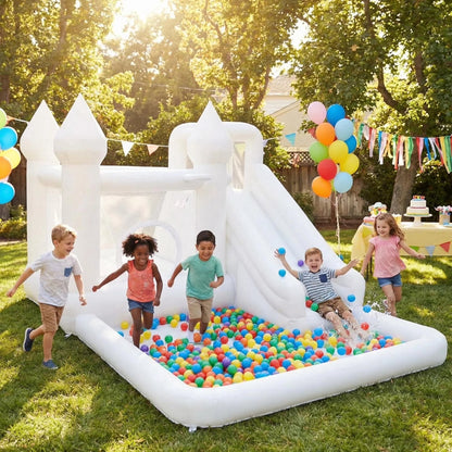 14ft Inflatable Water Slide & Bounce House with Ball Pit and Blower, White Oxford